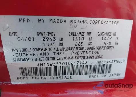 2001 Mazda Mx-5 Miata Ls/Special Edition из США, поврежденный, VIN JM1NB353010217148